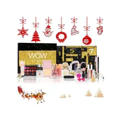 Kosmetik Adventskalender mit vielen Produkten, Weihnachtsmotiven und Rentierschlitten.
