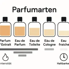 Fünf Parfümflaschen mit unterschiedlichen Flüssigkeitsfarben und -füllständen, die Intensität und Haltbarkeit vergleichen.