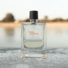 Terre d'Hermès Parfümflasche mit schwarzem Deckel auf Stein, unscharfer Hintergrund.