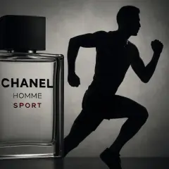 Chanel Homme Sport Flakon neben Silhouette eines Mannes beim Laufen.