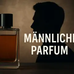 Eine Glasflasche mit braunem Parfum und der Schatten eines Mannes.