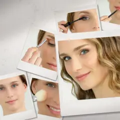 Collage von Frauen, die sich schminken: Augenbrauen, Wimperntusche, Lippen, Rouge.