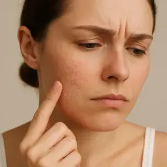 Frau mit trockener, geröteter Haut im Gesicht, die sie mit dem Finger berührt.