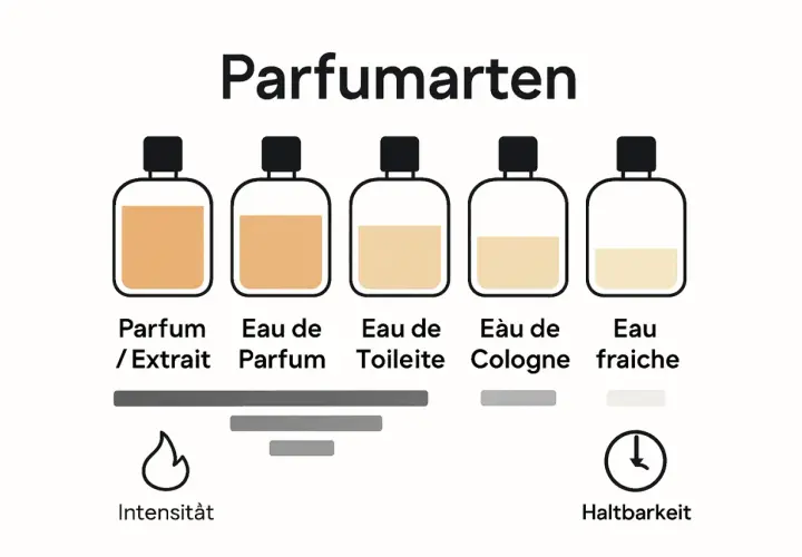 Fünf Parfümflaschen mit unterschiedlichen Flüssigkeitsfarben und -füllständen, die Intensität und Haltbarkeit vergleichen.