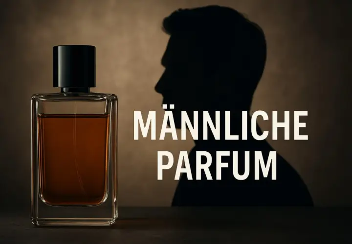 Eine Glasflasche mit braunem Parfum und der Schatten eines Mannes.