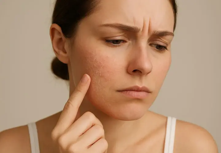 Frau mit trockener, geröteter Haut im Gesicht, die sie mit dem Finger berührt.