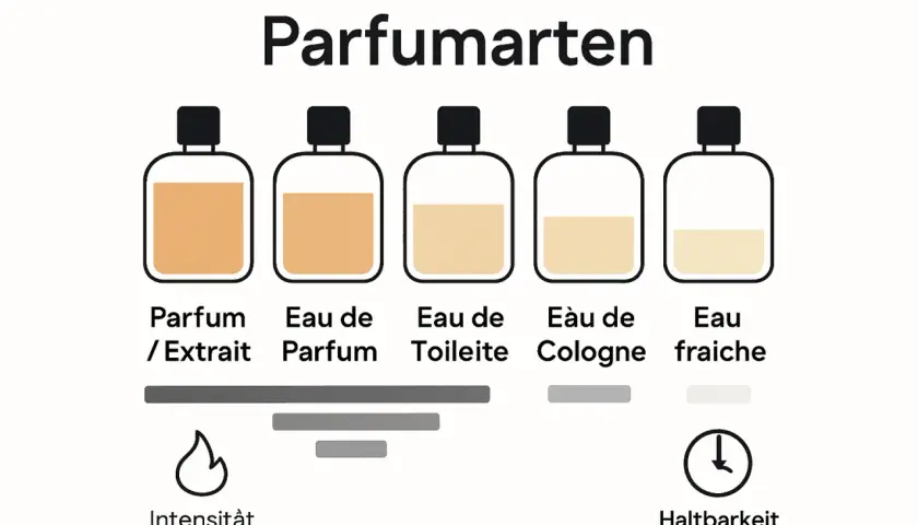 Fünf Parfümflaschen mit unterschiedlichen Flüssigkeitsfarben und -füllständen, die Intensität und Haltbarkeit vergleichen.