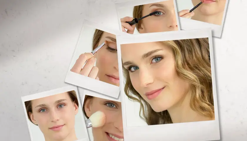 Collage von Frauen, die sich schminken: Augenbrauen, Wimperntusche, Lippen, Rouge.