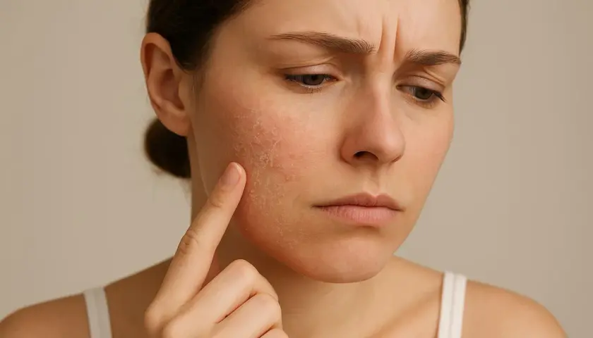 Frau mit trockener, geröteter Haut im Gesicht, die sie mit dem Finger berührt.