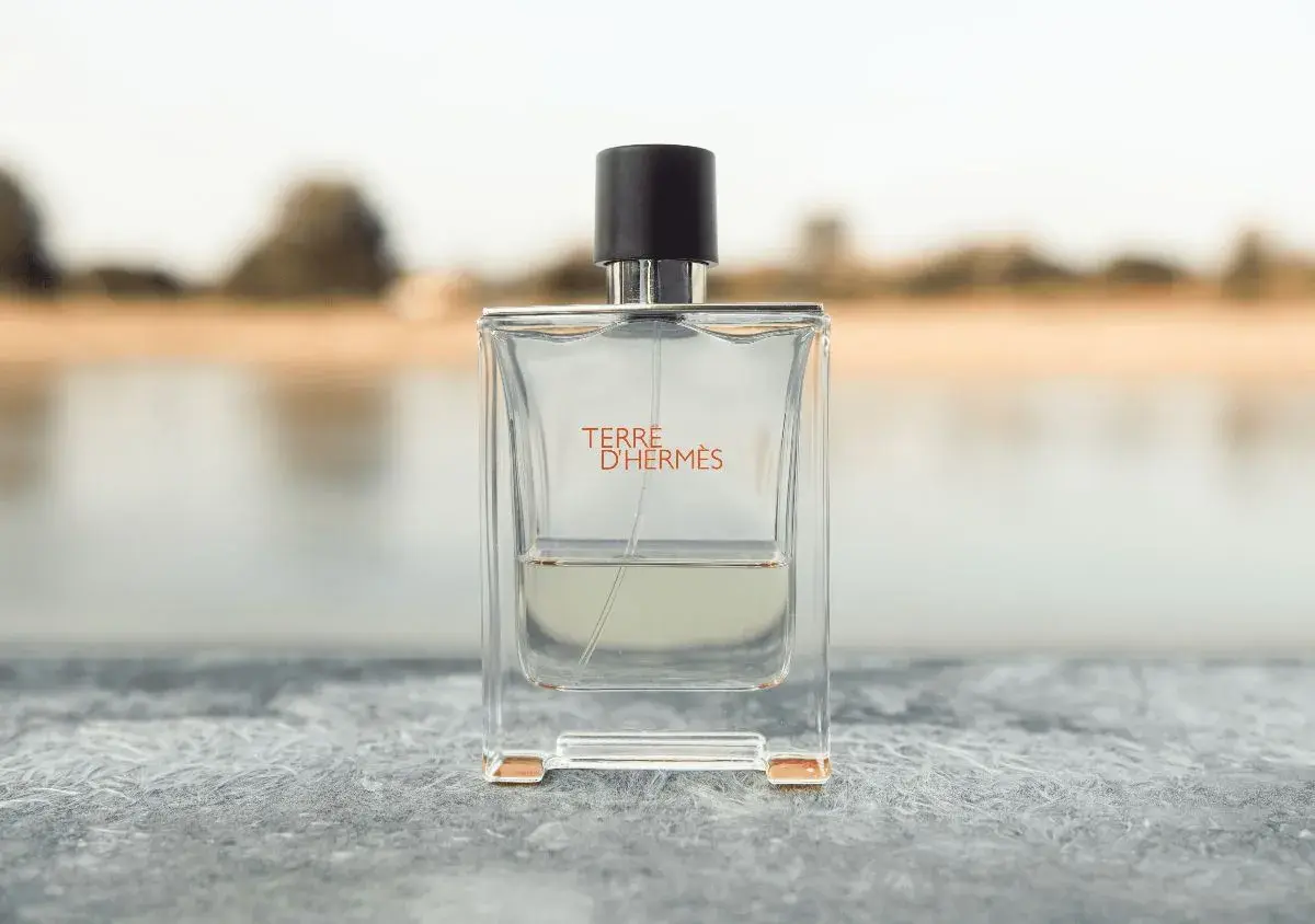 Terre d'Hermès Parfümflasche mit schwarzem Deckel auf Stein, unscharfer Hintergrund.