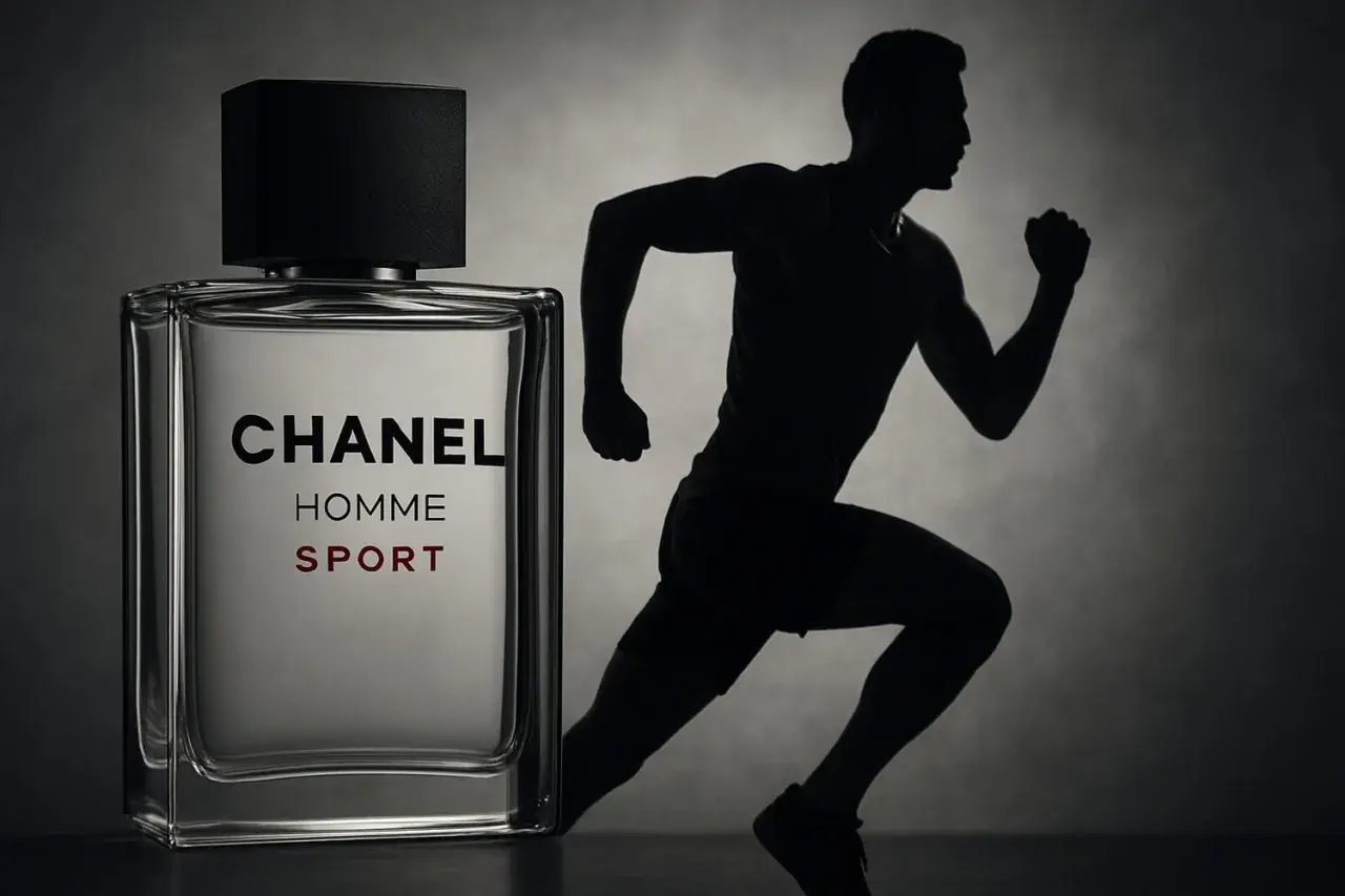 Chanel Homme Sport Flakon neben Silhouette eines Mannes beim Laufen.