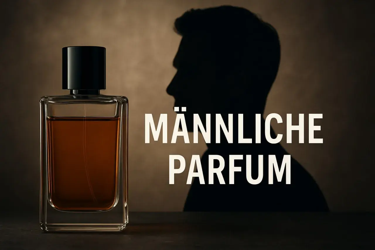 Eine Glasflasche mit braunem Parfum und der Schatten eines Mannes.
