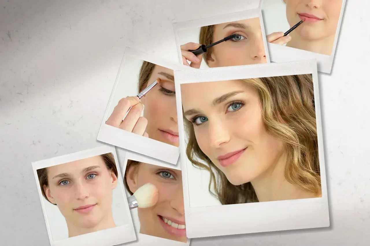 Collage von Frauen, die sich schminken: Augenbrauen, Wimperntusche, Lippen, Rouge.