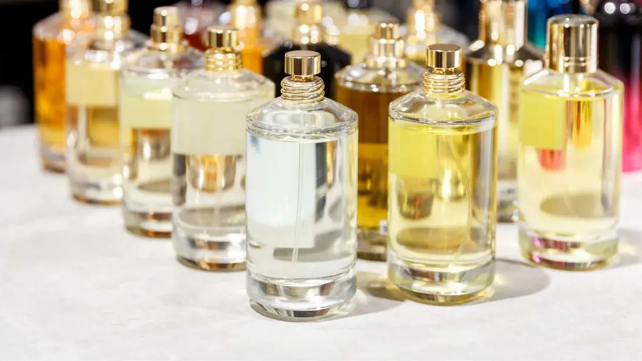 Mehrere Glasflaschen mit Parfüm in verschiedenen Farben und Größen, mit goldenen Verschlüssen.