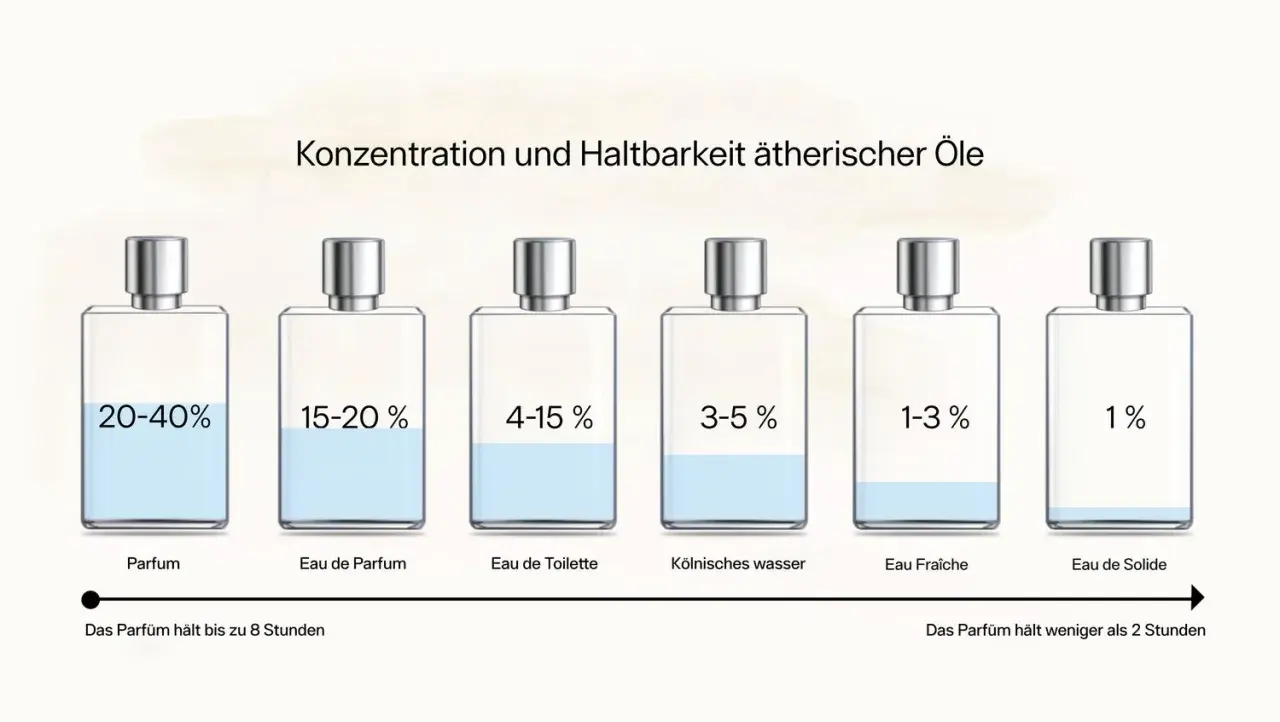 Sechs Parfümflaschen mit unterschiedlichen Konzentrationen und Füllständen, die die Haltbarkeit von Düften veranschaulichen.