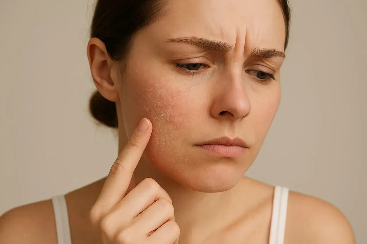 Frau mit trockener, geröteter Haut im Gesicht, die sie mit dem Finger berührt.